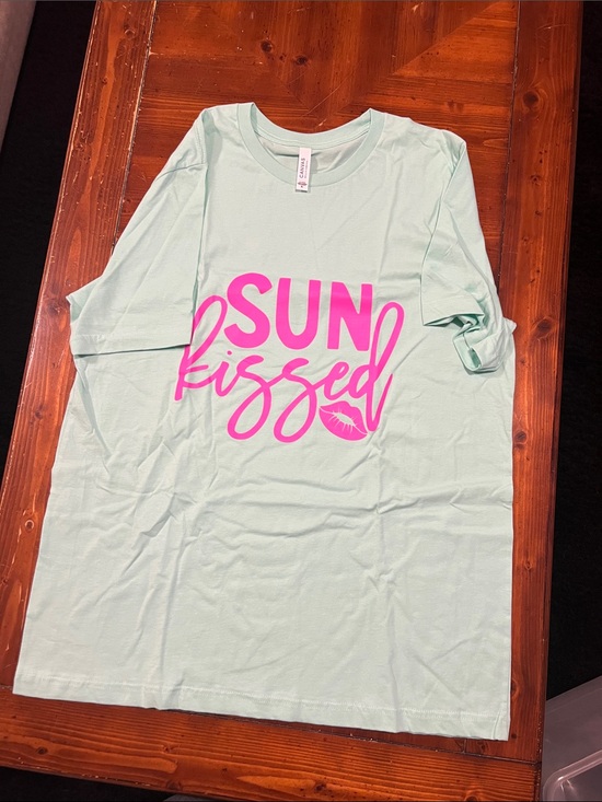 Tops - Mint Green "Sun Kissed" Tee with Hot Pink Script